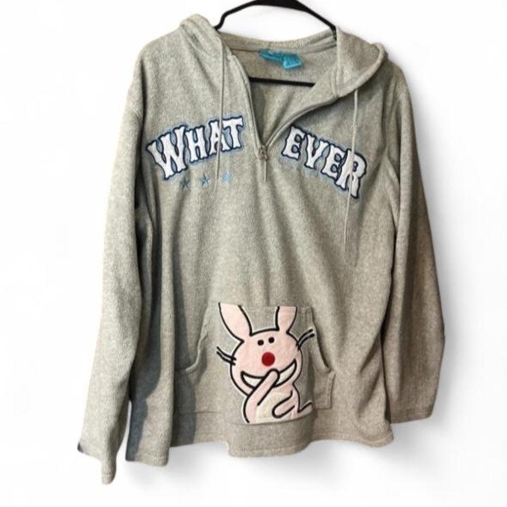 Vintage Y2K It's Happy Bunny Grey "whatever" Fleece 1/4 Zip Hoodie Size Large